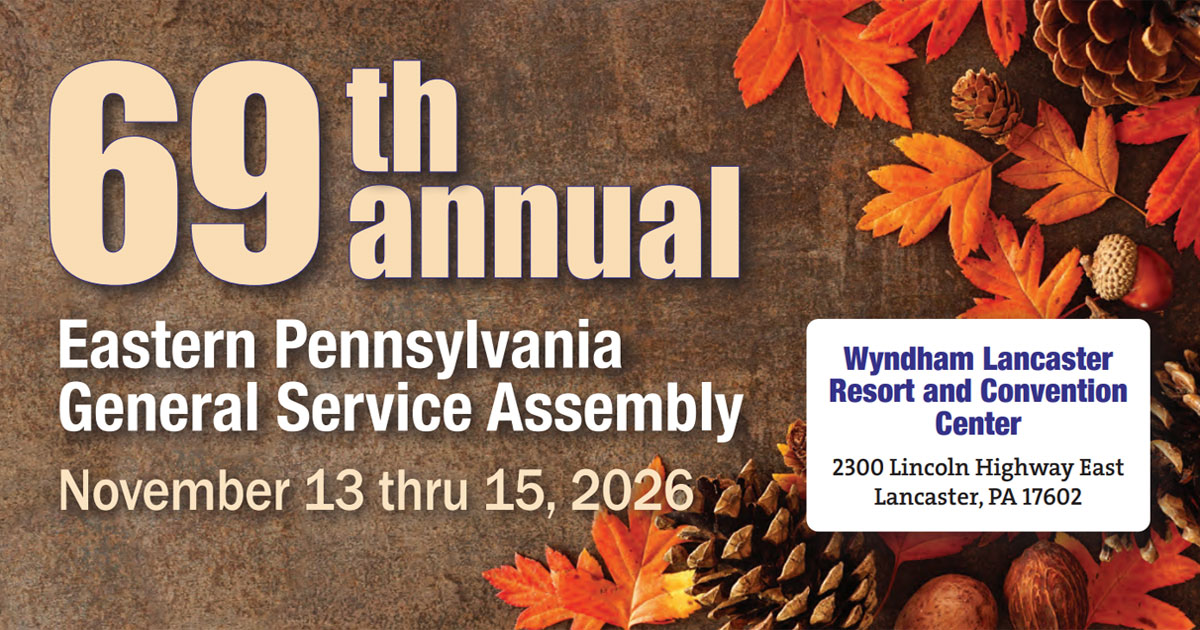69th Annual Eastern Pennsylvania General Service Convention and Assembly (EPGSA) promotional banner featuring the Area 59 logo and convention information for Alcoholics Anonymous members.